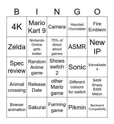Switch 2 Direct Bingo Card