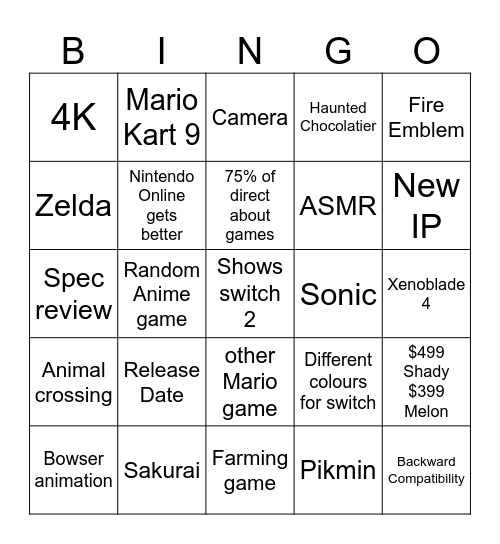 Switch 2 Direct Bingo Card
