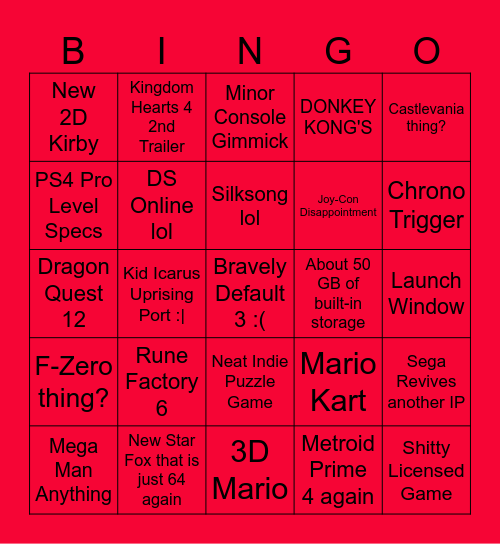 Nintendo Switch 2 Direct Bingo Card