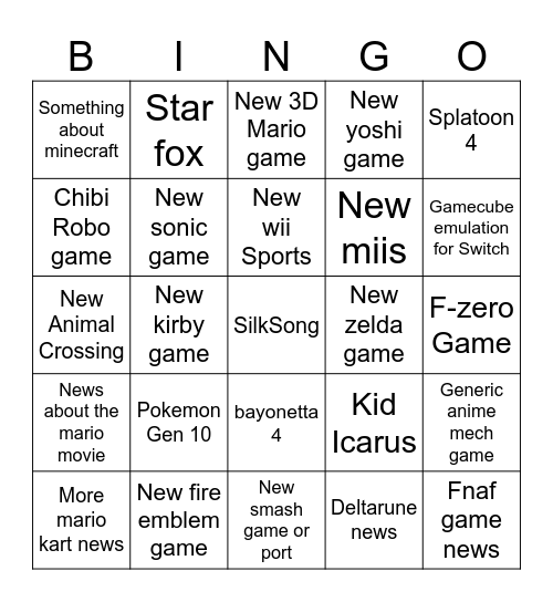 Nintendo Switch 4/2/2025 Bingo Card