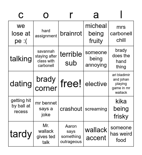 CORAL ACADEMY 7D BINGO Card
