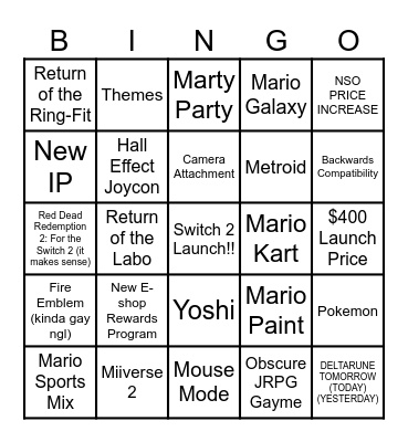 Switch 2 Bingo Card