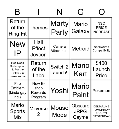Switch 2 Bingo Card