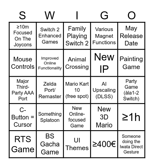 Switch 2 Release Bingo Card