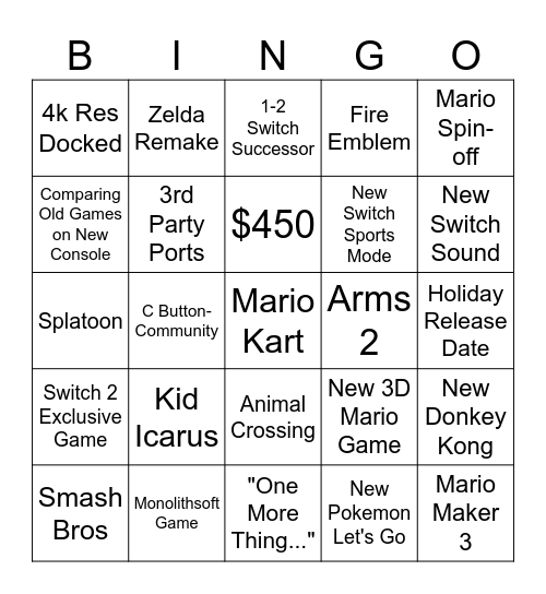 Switch 2 Predictions Bingo Card