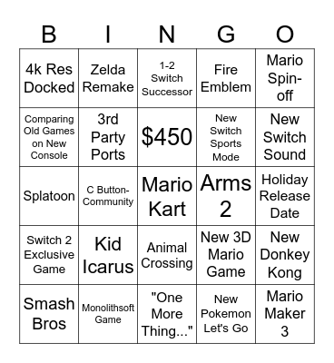 Switch 2 Predictions Bingo Card