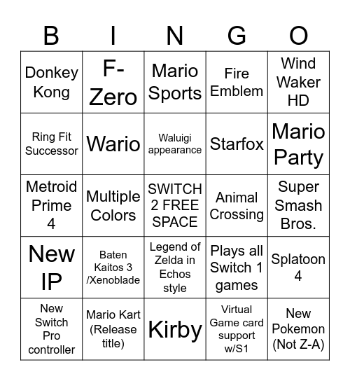 Switch 2 Direct Bingo! Bingo Card