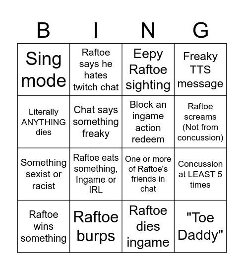 Raftoe bing Bingo Card