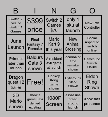 NINTENDO SWITCH 2 DIRECT BINGO Card