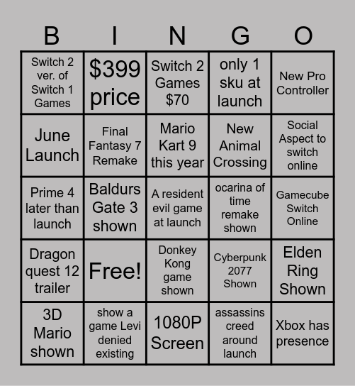 NINTENDO SWITCH 2 DIRECT BINGO Card