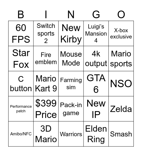Nintendo Direct Bingo Card Bingo Card
