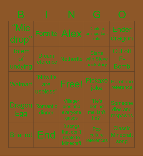 Minecraft Movie BINGO Card