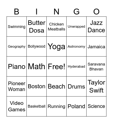 Student Favorites Bingo Card