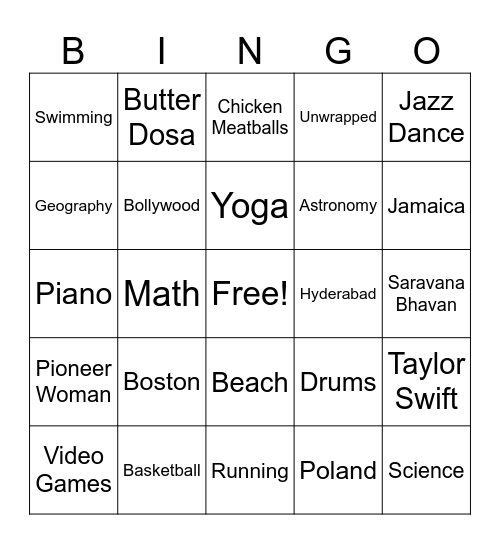 Student Favorites Bingo Card