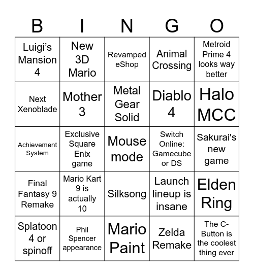 Switch 2 Bingo Card