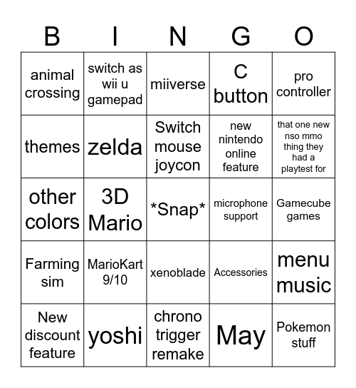 Switch 2 bingo Card