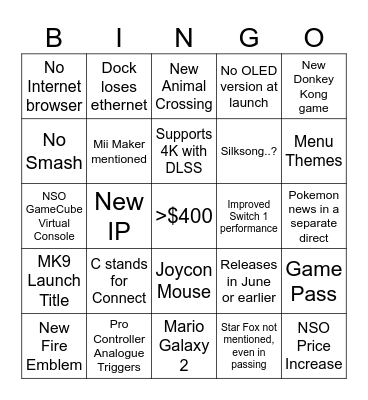 Switch 2 Direct Bingo Card