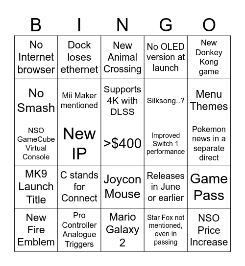 Switch 2 Direct Bingo Card