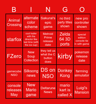 Nintendo Switch 2 direct Bingo Card