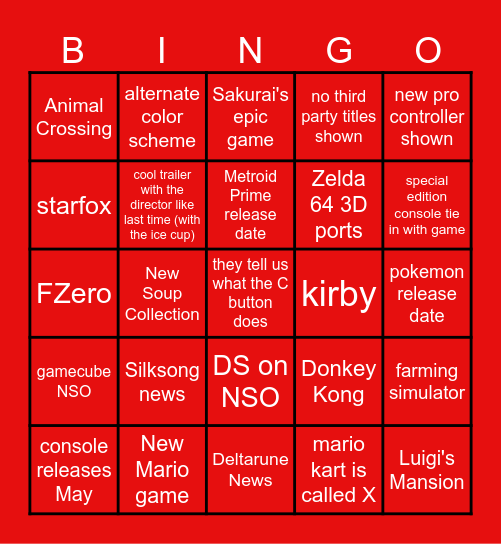 Nintendo Switch 2 direct Bingo Card