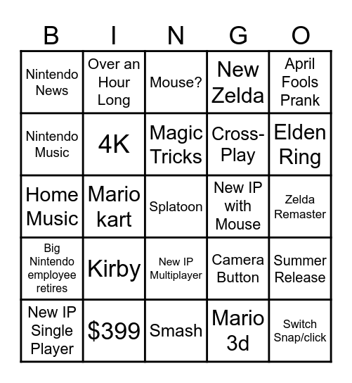 Nintendo Switch 2 Presentation Bingo Card