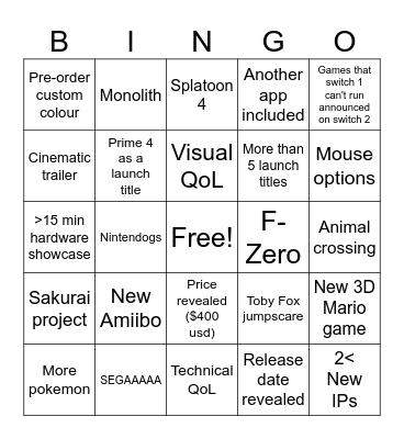 Switch 2 Bingo Card