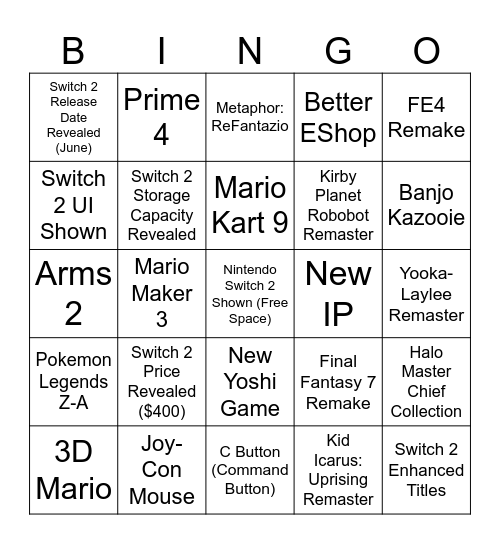 Nintendo Switch 2 Direct Bingo Card
