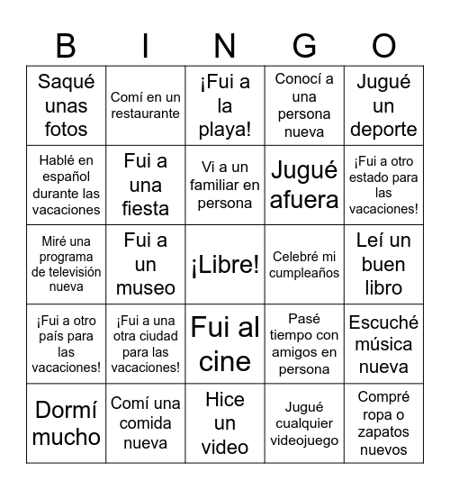 ¿Qué hiciste durante las vacaciones? Bingo Card