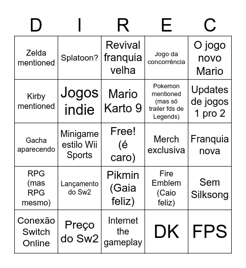 Nintendo Bingo Card