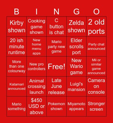 Switch 2 direct Bingo Card