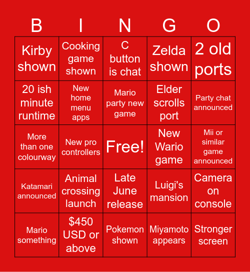 Switch 2 direct Bingo Card