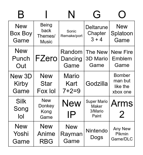 Pops Nintendo Swtich 2 Bingo Card