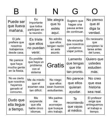 El subjuntivo - Del Hoyo Bingo Card