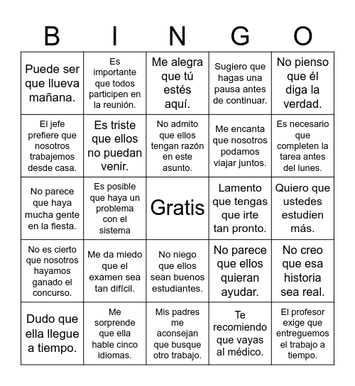 El subjuntivo - Del Hoyo Bingo Card