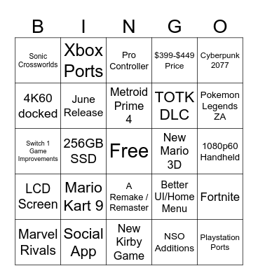 Nintendo Switch 2 Direct Bingo Card