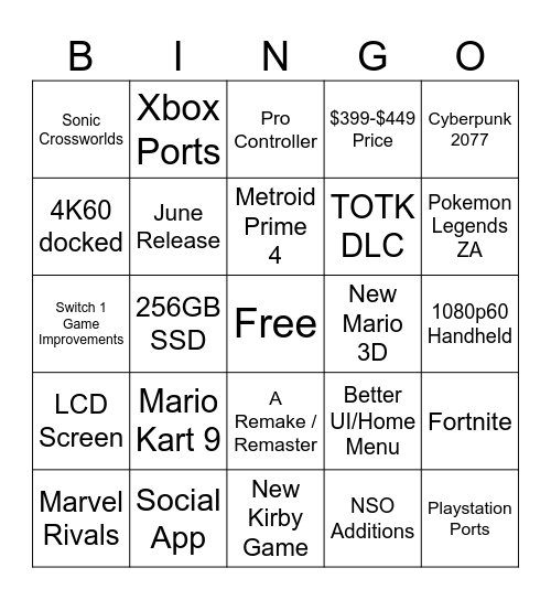 Nintendo Switch 2 Direct Bingo Card