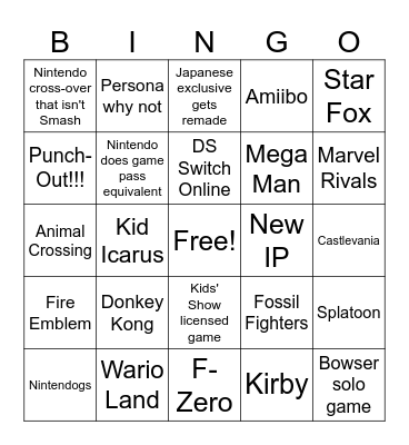 Switch 2 bingo Card