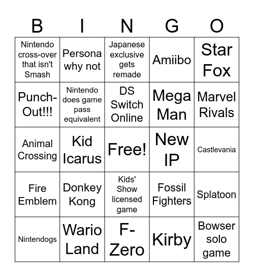 Switch 2 bingo Card