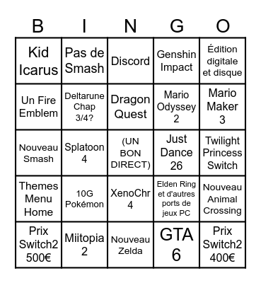 Nintendo direct Bingo Card