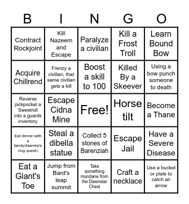 Skyrim Permadeath Survival Bingo Card
