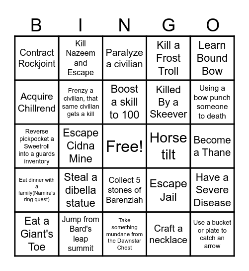 Skyrim Permadeath Survival Bingo Card