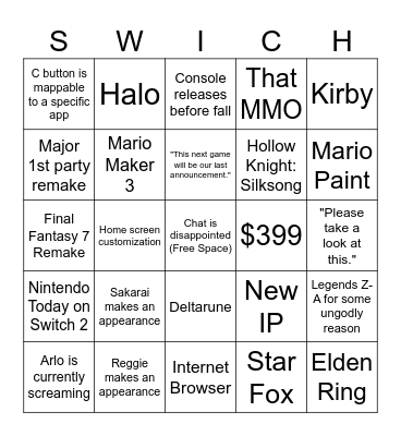 Nintendo Switch 2 Direct Bingo Card