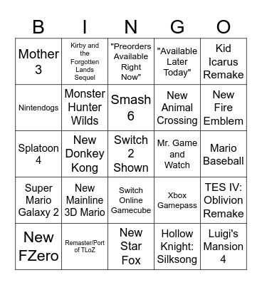 Nintendo Switch 2 Direct Bingo Card