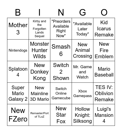 Nintendo Switch 2 Direct Bingo Card