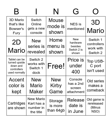 Switch 2 Bingo Card