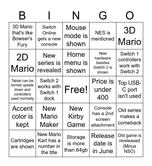 Switch 2 Bingo Card