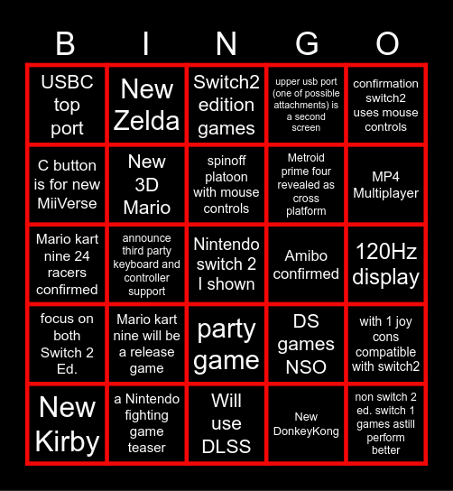Switch2 Bingo Card
