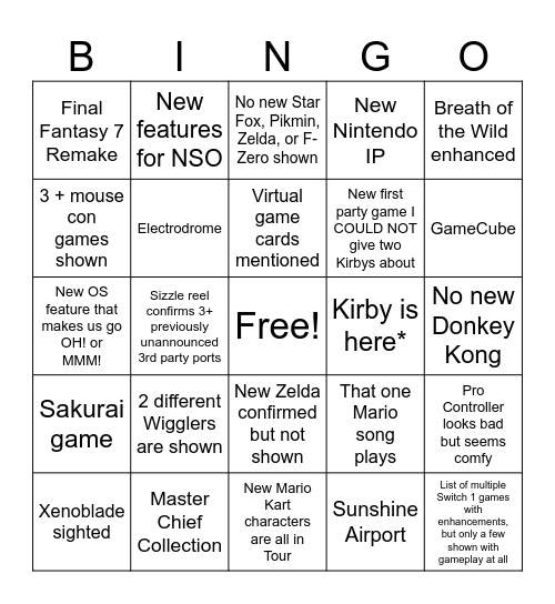Nintendo Direct - Nintendo Switch 2 Bingo Card