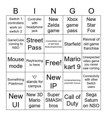 Nintendo Switch 2 Bingo Card