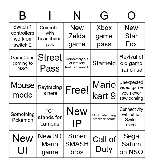 Nintendo Switch 2 Bingo Card